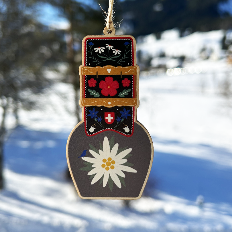 "Cloche de vache suisse edelweiss" Décoration en bois