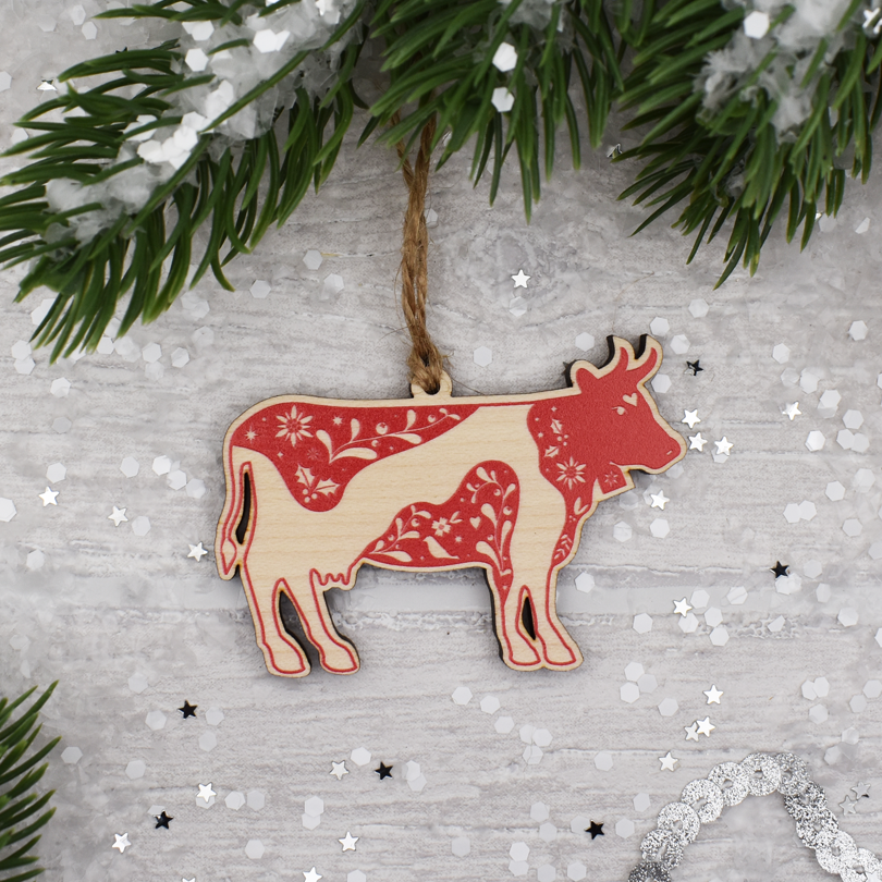 Mini Christmas Cow Wooden Decoration