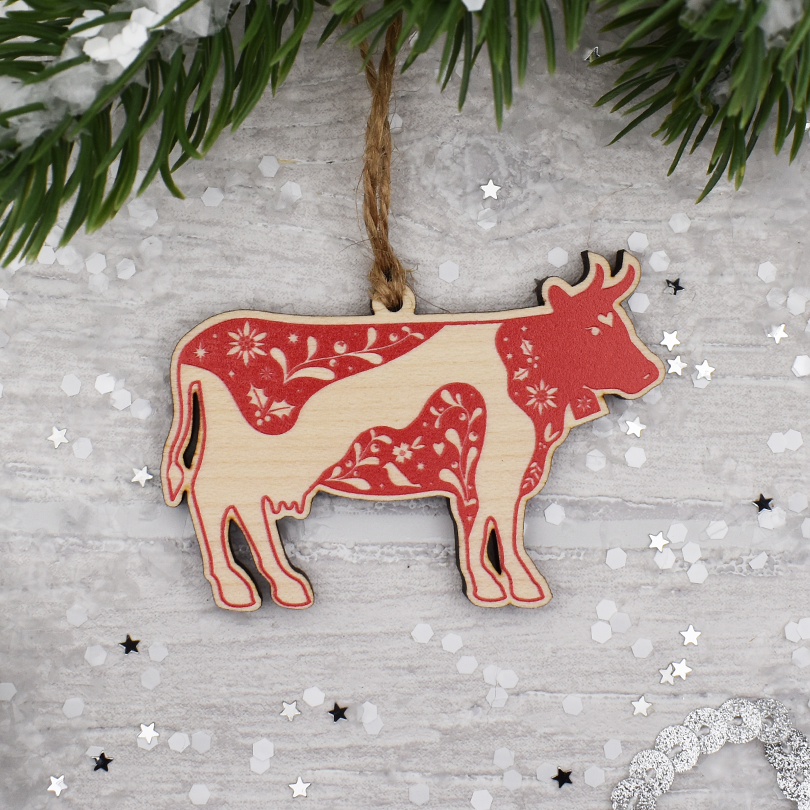 Mini Christmas Cow Wooden Decoration