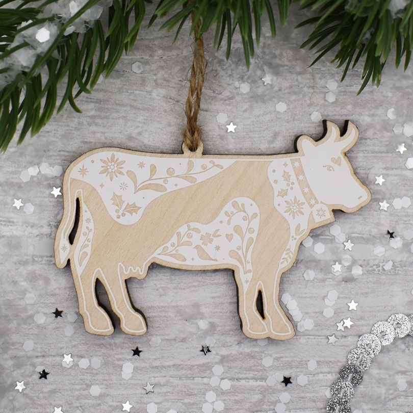 "Festive Cow" (blanche) Décoration en bois 