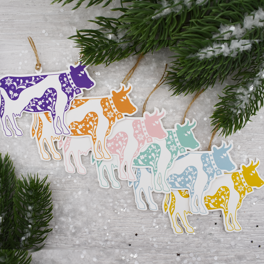 Étiquettes cadeaux festives Vaches (lot de 6) Multicolore