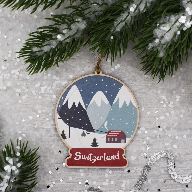 Switzerland Snowglobe Wooden Decoration