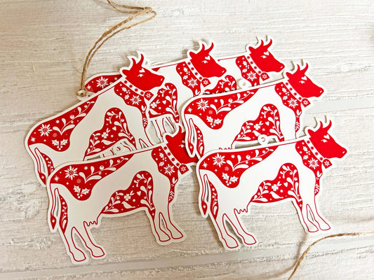 Étiquettes cadeaux festives Vaches (lot de 6) Rouge